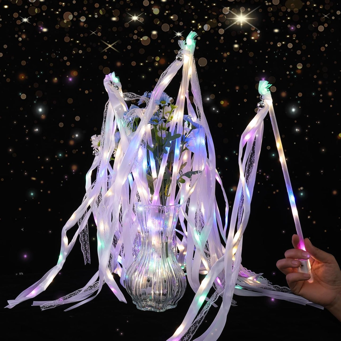 100 Pieces Light up Wedding Wands with Ribbons & Bells –LED Silk Wedd Fairy Wands Streamers with Warm White & Colorful Lights for Wedding Send Off Ideas, Parties, and Celebrations