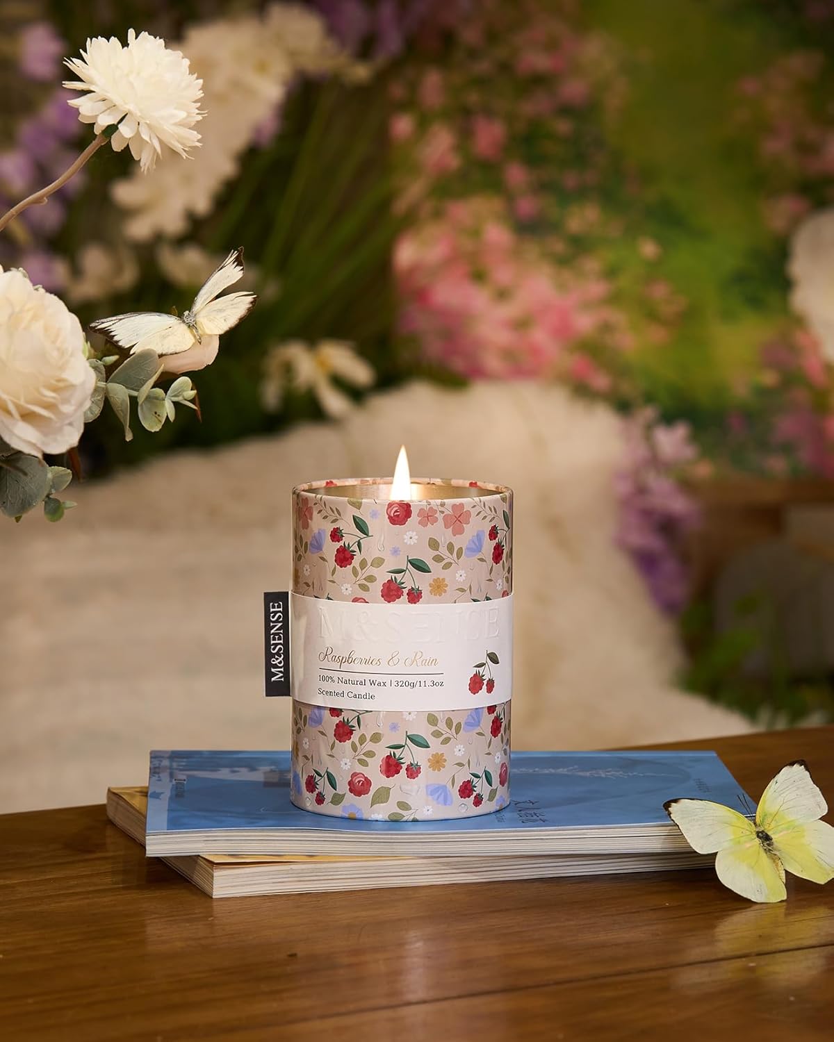 M&SENSE Raspberries Rain Scented Candle, Medium Jar Candle 11.3oz Natural Soy Wax for Home Scented, Floral Candles Gift for Spring Holiday, Up to 70 Hours Burning Long-Lasting Fragrance