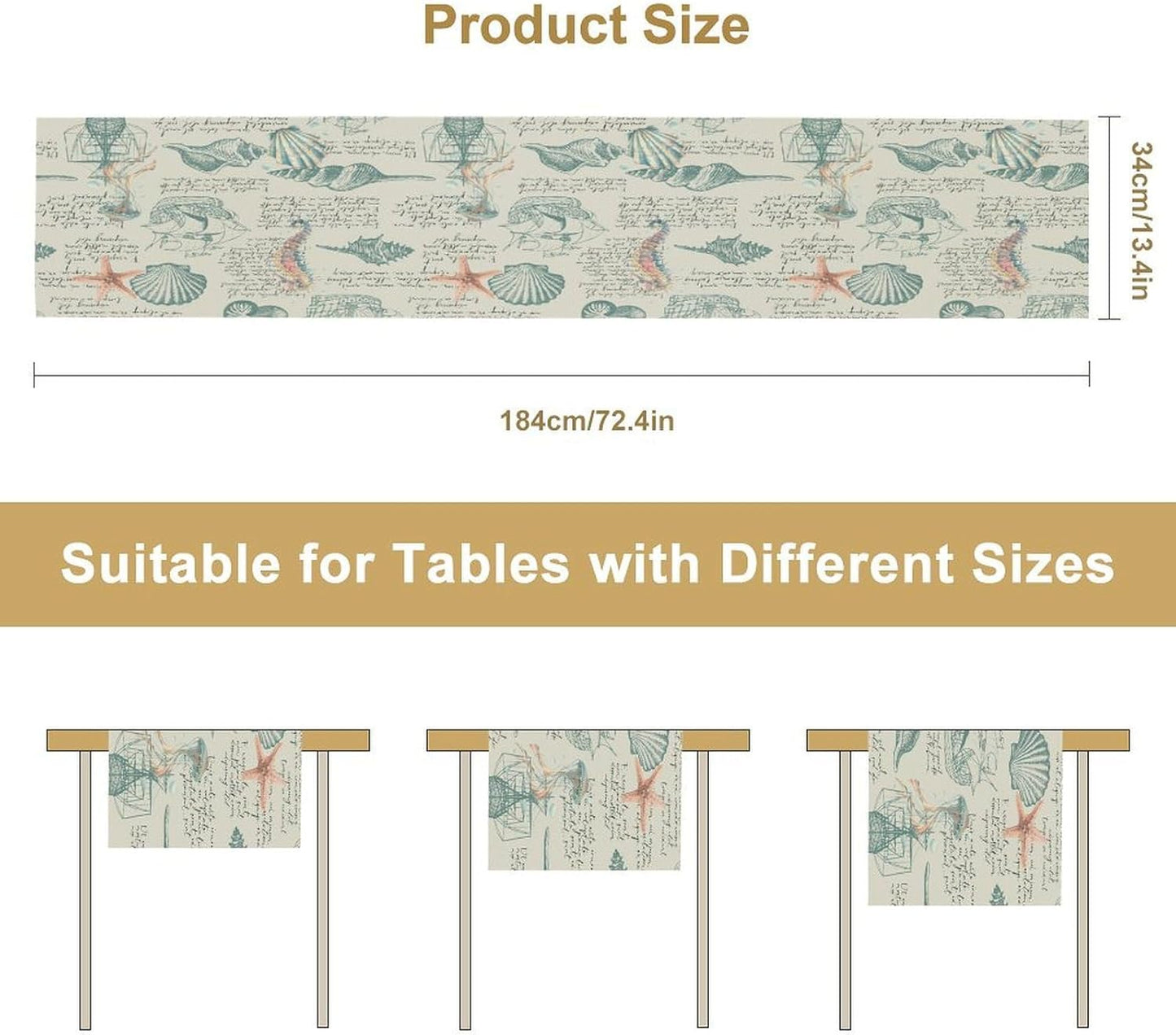 Starfish Table Runner,Seashells Beach Coastal Nautical Sailboat Jellyfish Vintage Hand Drawn Burlap for Hotel Indoors Outdoor Dining Room Kitchen Table Decor, 13x36in
