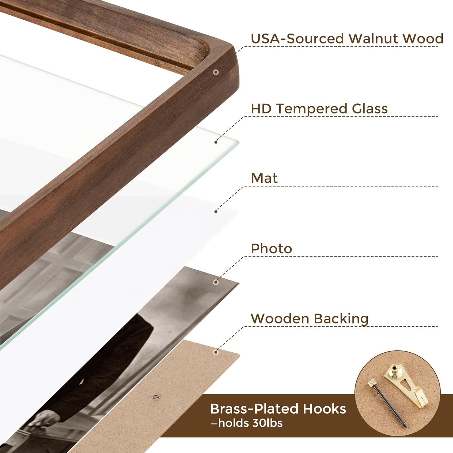 11x14 Wooden Picture Frames USA-Sourced Natural Walnut Solid Wood Photo Frame Handcrafted Rounded Corner with Mat to 8x10 Picture Frame Vintage Display with Real Glass Family Picture