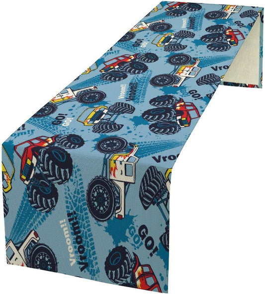 Monster Truck Table Runner,for Kids Boys Cool Colorful Cartoon Blue Cars Pattern Print Tablecloth Burlap for Hotel Indoors Outdoor Dining Room Kitchen Home Decor,W13X L36 in