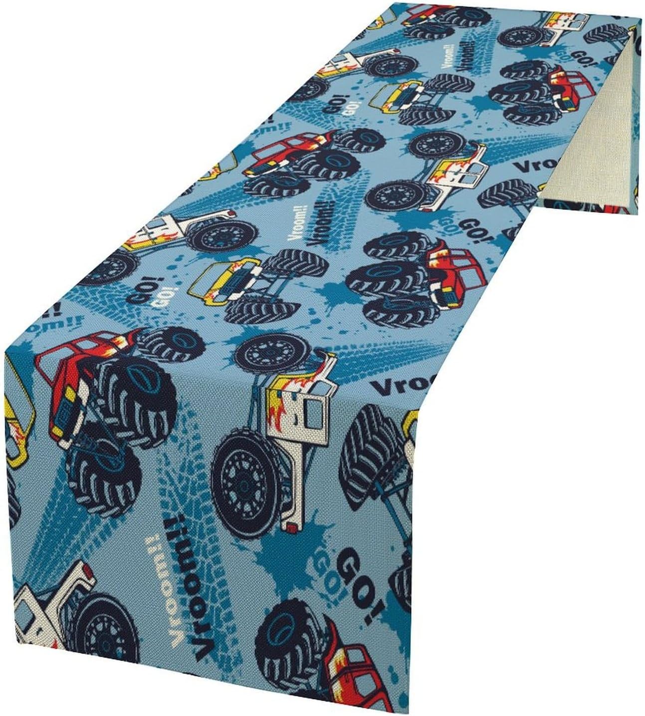 Monster Truck Table Runner,for Kids Boys Cool Colorful Cartoon Blue Cars Pattern Print Tablecloth Burlap for Hotel Indoors Outdoor Dining Room Kitchen Home Decor,W13X L80 in