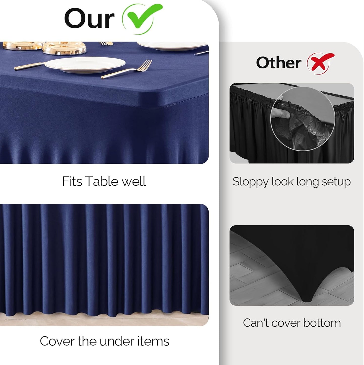 Wish Care 2 Pack Navy Blue Spandex Table Clothes for 8 Foot Rectangle Tables, 8FT Wrinkle Free Fitted Tablecloths Ruffles Design Table Cover for Party, Banquet, Wedding and Events