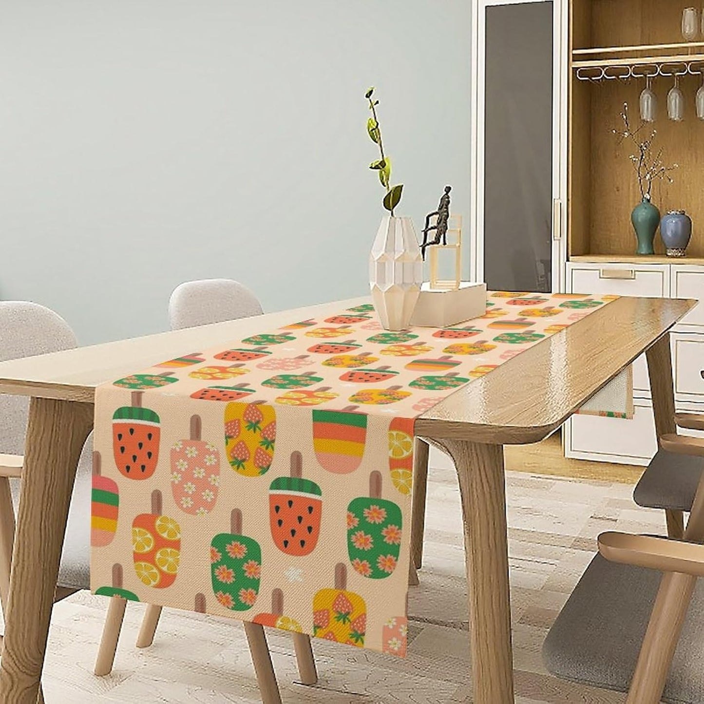 Summer Popsicles Table Runner, Colorful Cute Ice Cream Childish Seasonal Dinner Runner for Party Holiday Home Kitchen Dining Table Decor 13"x120"