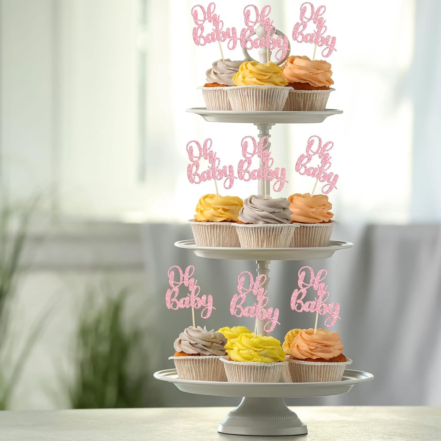 Gyufise 36 Pack Oh Baby Cupcake Toppers Glitter Baby Shower Cupcake Picks Decorations for Celebrating Baby Shower Kids Birthday Party Supplies Rose Gold