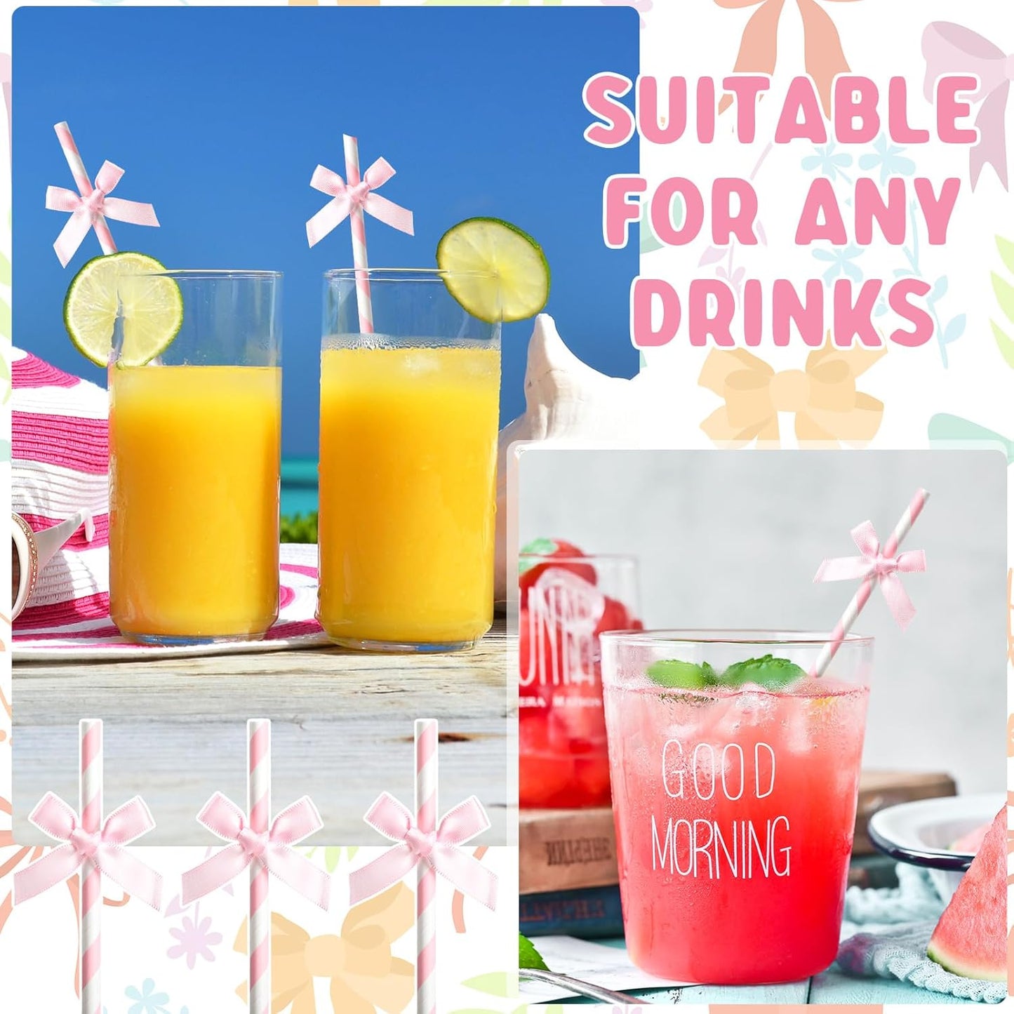 100 Pcs Pink Paper Straws for Drinking, Bow Disposable Striped Paper Straws Bulk Pink Theme Birthday Party Supplies for Wedding Cake Decorations Bachelorette Baby Shower