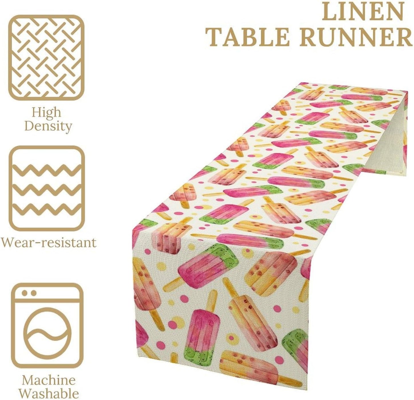Ice Cream Popsicles Table Runner, Watercolor Summer Seasonal Fruit Peach Kiwi Berry Popsicles Orange Pink Sweet Dessert Dinner Runner for Party Holiday Home Kitchen Dining Table Decor 13"x36"