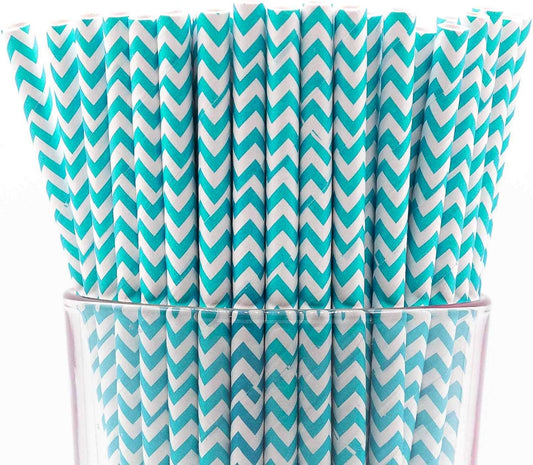 Pack of 300 Turquoise Chevron Biodegradable 4-Ply Paper Drinking Straws (Compostable, Non-toxic, BPA-free)