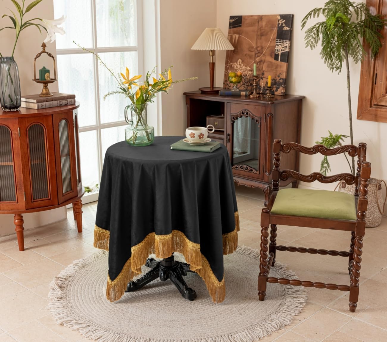 F-CHU Luxury Black Tablecloth Thickset Velvet Tablecloth with Beautiful Gold Tassels Table Cloth for Home Decor Wedding, Party, Banquet and Events 60x102-Inch