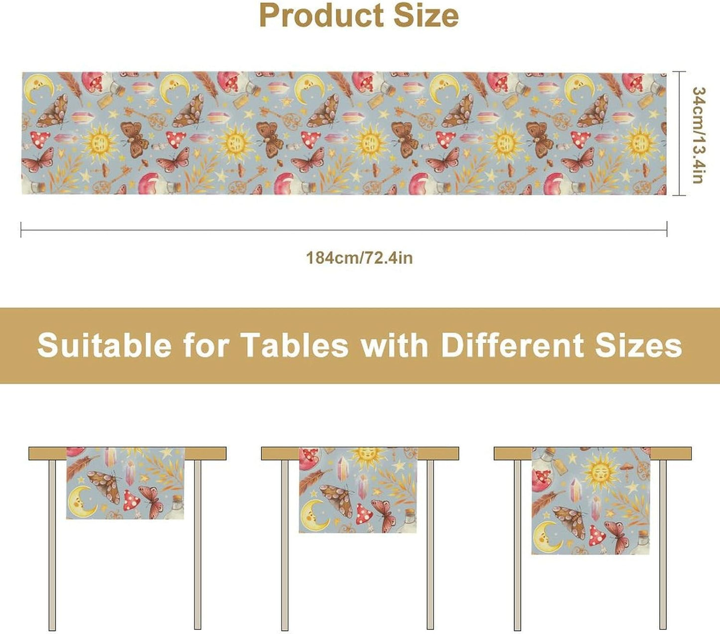 Boho Sun Moon Table Runner Mystical Rustic Butterfly Mushroom Star Table Runner for Kitchen Living Room Dinner Holiday 13x90 Inch