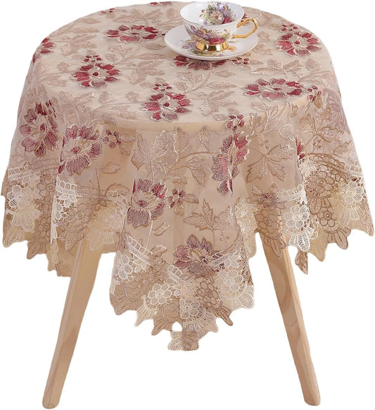 Round Embroidered Lace Tablecloth Vintage Decorative Exquisite Border Table Cover for Party Wedding Home Decorations, Round-60, Red