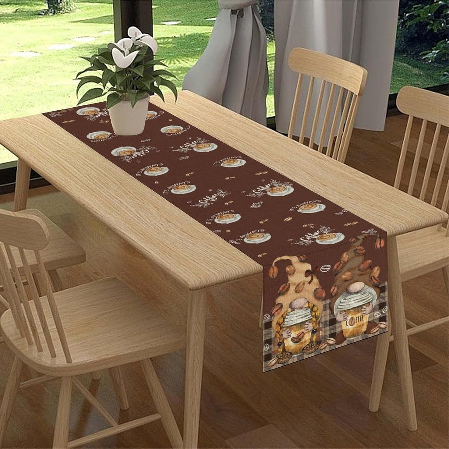 Coffee Time Table Runner, Farmhouse Retro Gnome Coffee Cup Tea Party Cafe Brwon Table Center Decor for Home Kitchen Dining Patio Holiday Party Indoor Outdoor Table Decorations,13"x108" Inch