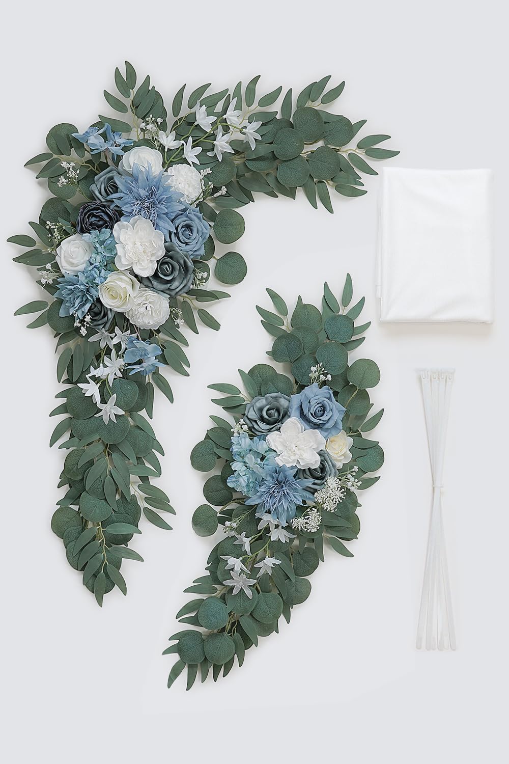 Light Blue Artificial Wedding Arch Flowers Kit (Pack of 3) with 26Ft White Shiny Arch Draping Fabric for DIY Wedding Party Ceremony Reception Backdrop Floral Decoration