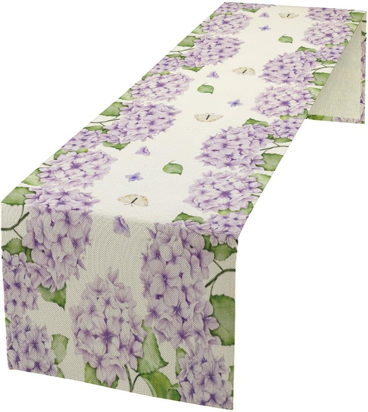 Watercolor Hydrangea Flower Table Runner, Spring Summer Seasonal Plants Butterfly Pink Lavender Dinner Runner for Home Kitchen Dining Table Party Holiday Decoration 13"x70"