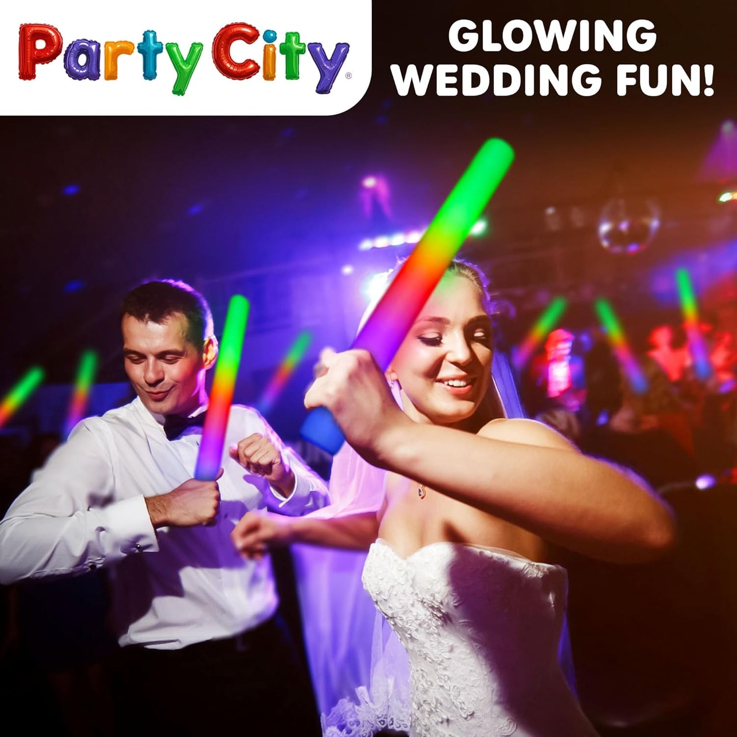 Party City 24pk LED Foam Glow Sticks 14”- Glow in the Dark Party Supplies Favors, Colorful Flashing Wand with 3 Modes, Foam Light Up Sticks Bulk Party Pack for Wedding, Birthday, Concert, Halloween
