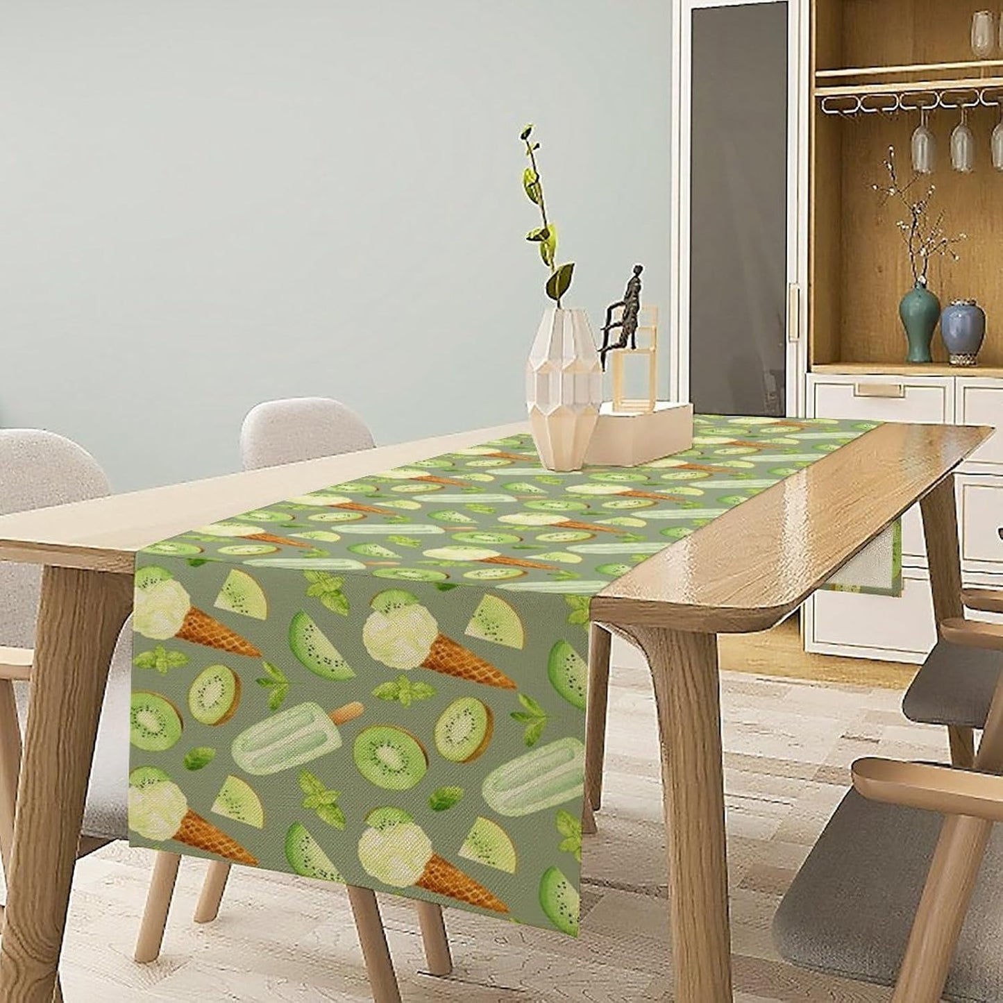 Summer Ice Cream Popsicles Table Runner, Watercolor Green Kiwi Seasonal Fruit Sweet Dessert Dinner Runner for Party Holiday Home Kitchen Dining Table Decor 13"x70"