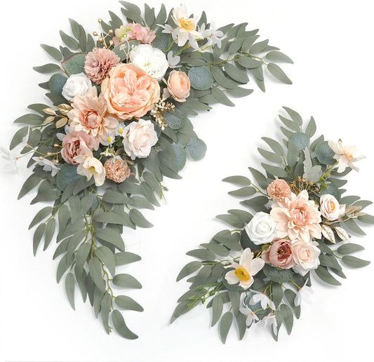 Faux Flower Swag Set of 2 for Wedding Welcome Signs Floral Swag Wedding Reception Ceremony Signs Decor (Champagne & Pink)