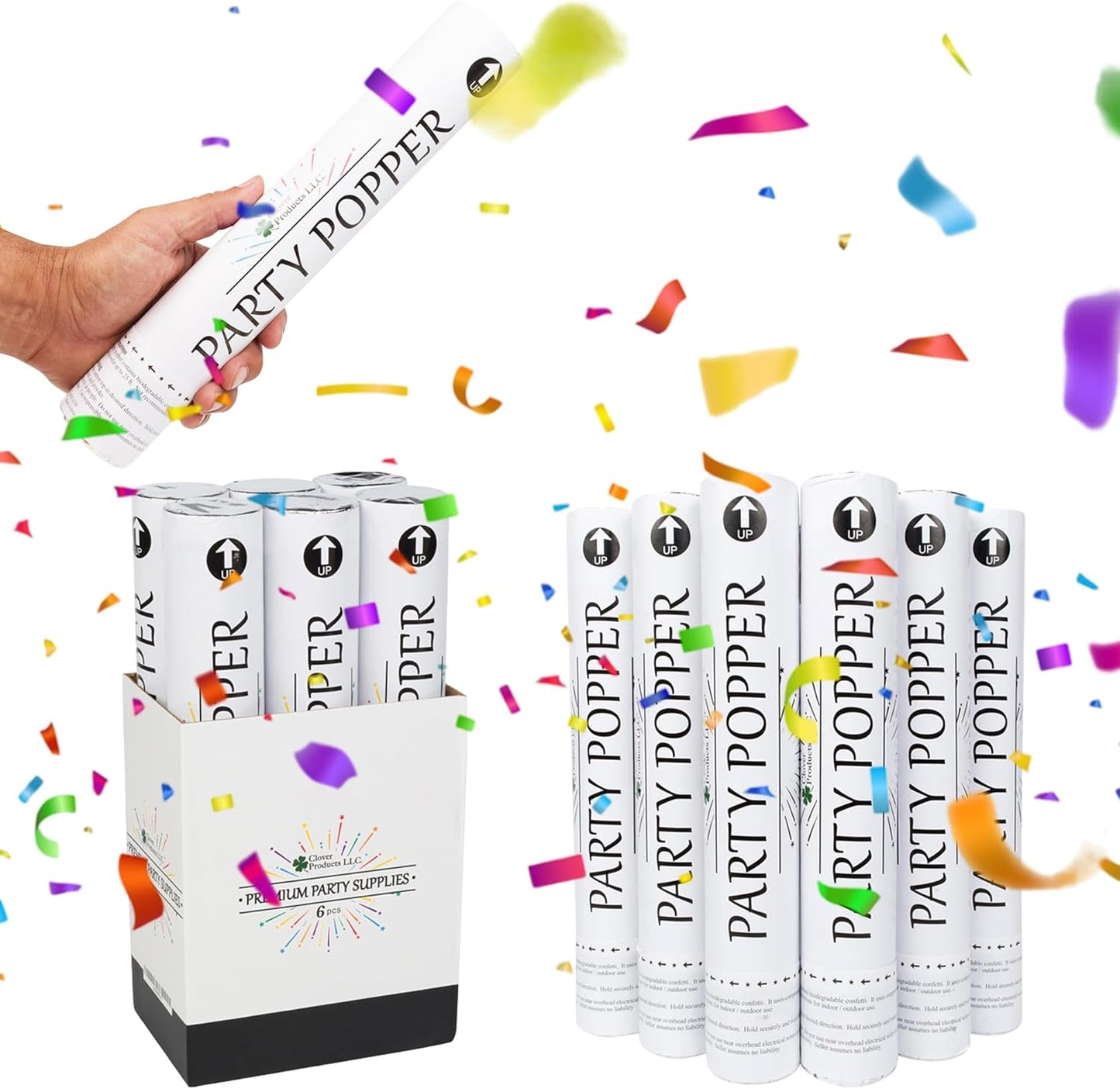 Clover Products 12" Biodegradable Confetti Cannons | 6 Pack Confetti Poppers for Weddings, Birthdays & Parties | Air-Powered Party Poppers Shoot 25 Feet | Safe for Indoor & Outdoor Use
