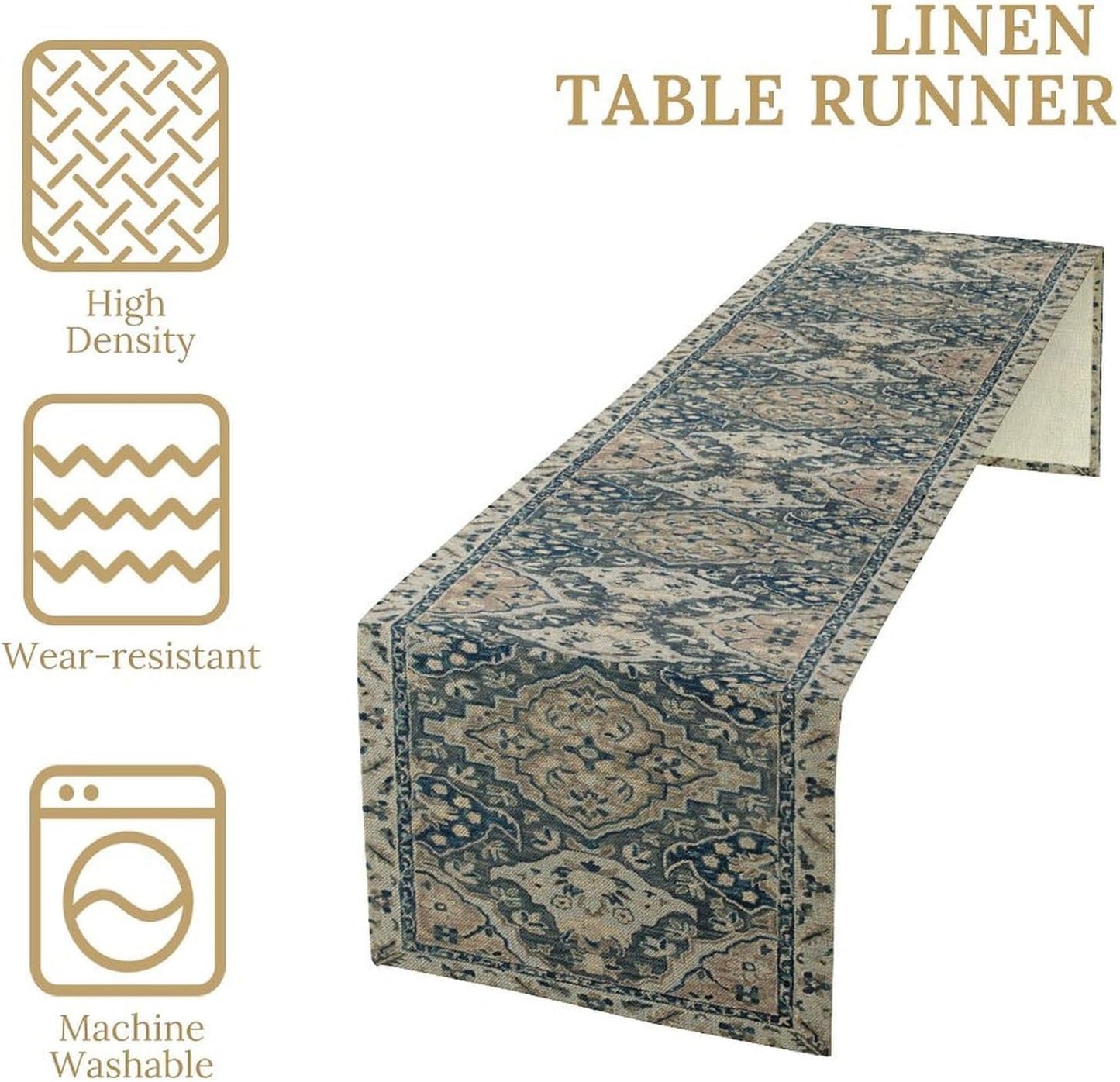 Vintage Boho Floral Table Runner, Rustic Country Farmhouse Blue Grey Retro Flower Pattern for Home Kitchen Table Decor Dining Coffee Room Party Decor 13x120in