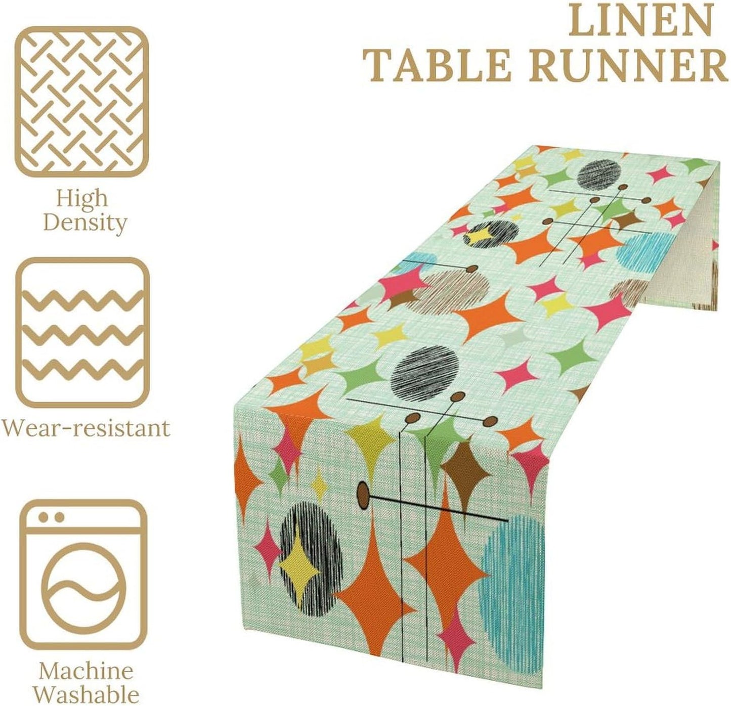 Mid Century Table Runner,Abstract Retro Modern Geometric Colorful Stripe Pattern Print Tablecloth Burlap for Hotel Indoors Outdoor Dining Room Kitchen Holiday Party, 13x70in