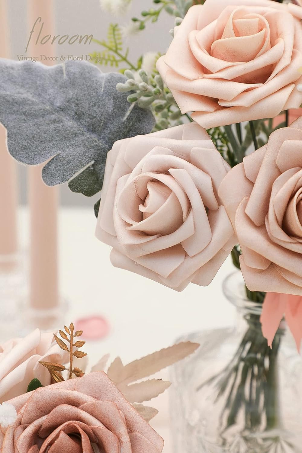 Floroom Artificial Flowers 25pcs Real Looking Morandi Peach Ombre Colors Foam Fake Roses with Stems for DIY Wedding Bouquets Bridal Shower Floral Centerpieces Party Tables Home Decorations