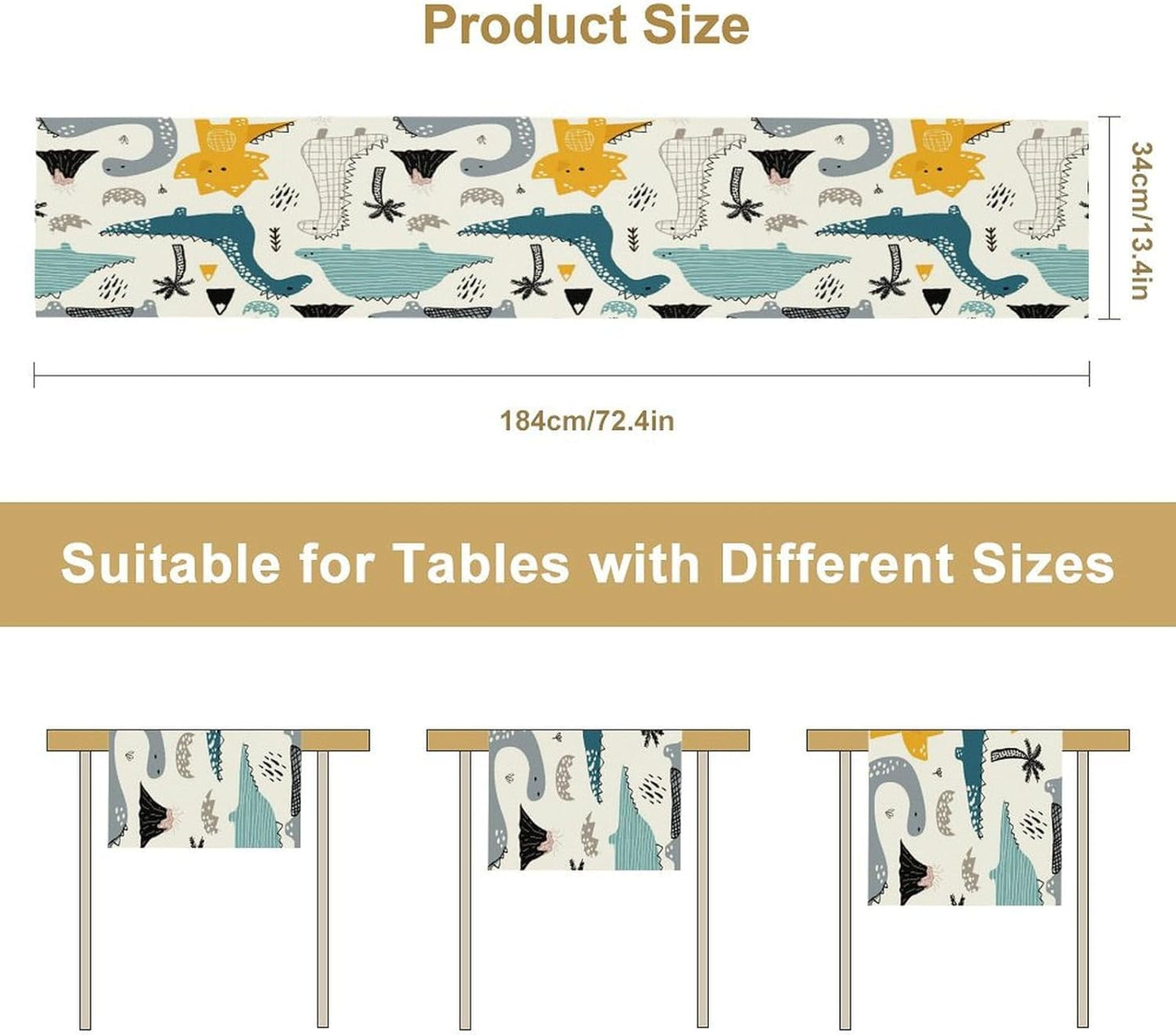 Cartoon Dinosaur Table Runner,Kids Boys Cute Various Dino Moutain Modern Abstract Print Tablecloth Burlap for Hotel Indoors Outdoor Dining Room Kitchen Holiday Party, 13x70in