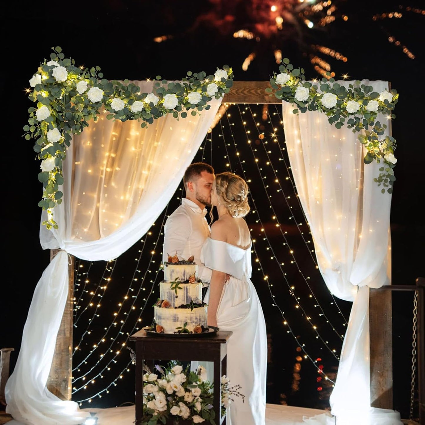 MACTING 6.6FT Flower Garland with Lights Fake Gypsophila Eucalyptus Garland with 12 White Roses Artificial Floral Greenery Vine for Wedding Arch Table Centerpieces Backdrop Party Summer Decorations