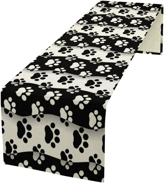 Dog Paw Table Runner,Kid Cute Animal Footprint Black White Theme Design Print Tablecloth Burlap for Hotel Indoors Outdoor Dining Room Kitchen Home Decor,W13X L80 in