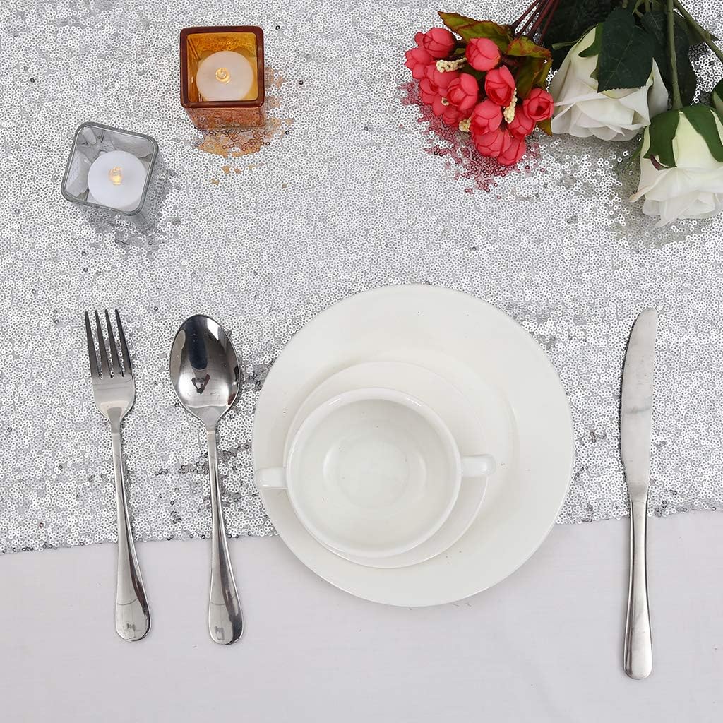 Eternal Beauty Silver Table Runner, 2PCS-12X72 Sequin Table Runner Decorations for Birthday Parties, Banquets, Graduations,Christmas