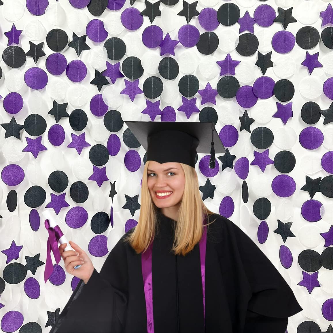 173 Ft Purple Black and White Party Decorations Big Star Circle Dot Backdrop Streamer Garland for Graduation Birthday Bachelorette Engagement Wedding Bridal Shower Baby Shower Halloween Party Supplies
