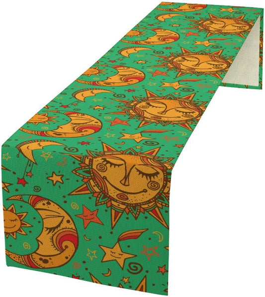 Boho Moon Table Runner, Phase of The Moon Star Sun Cartoon Pattern Table Runner for Kitchen Living Room Home Party 13x108 Inch