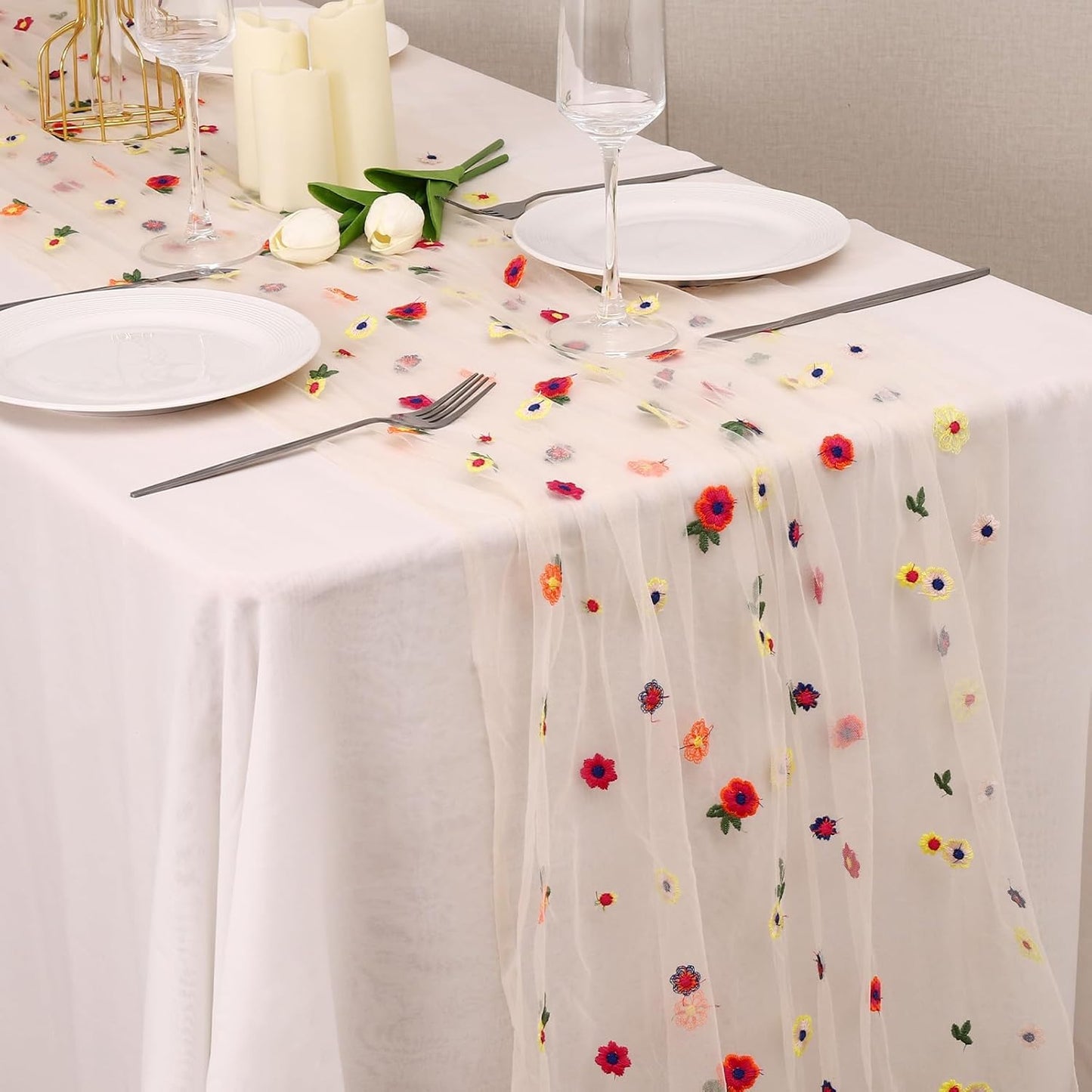 3PCS Champagne Floral Table Runner 10 FT, Embroidery Daisy Table Runners Seasonal Sheer Tulle Table Runner for Thanksgiving Wedding Birthday Baby Shower Party ﻿