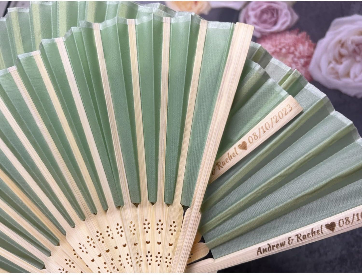 Personalized Wedding Fans Handheld Folding Fans(100Pcs) - Custom Engraved Green Silk Fans for Bridal Shower Favor/Baby Shower Favor, Birthdays Party Gifts/Gifts for Party Guests