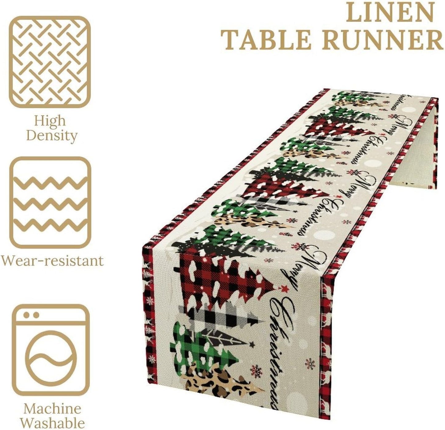 Christmas Tree Table Runner,Farmhouse Xmas Trees Buffalo Plaid Winter Snowflake Tablecloth Burlap for Hotel Indoors Outdoor Dining Room Kitchen Home Decor,W13X L36 in