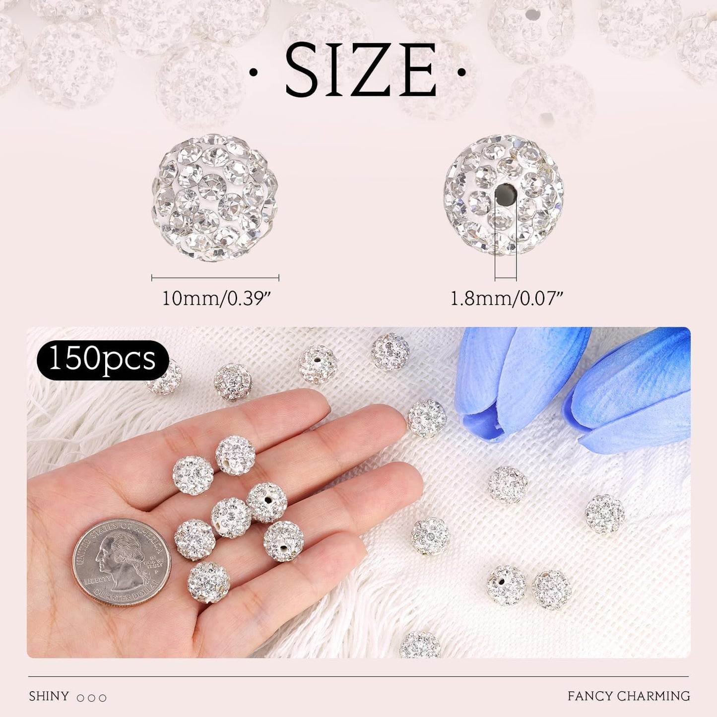 150 pcs 10mm Rhinestone Beads for Jewelry Making, White Shiny Round Shamballa Disco Beads Bulk, Sparkle Crystal Clay Christmas for Bracelet Baseball Necklace Earring Crafting and DIY