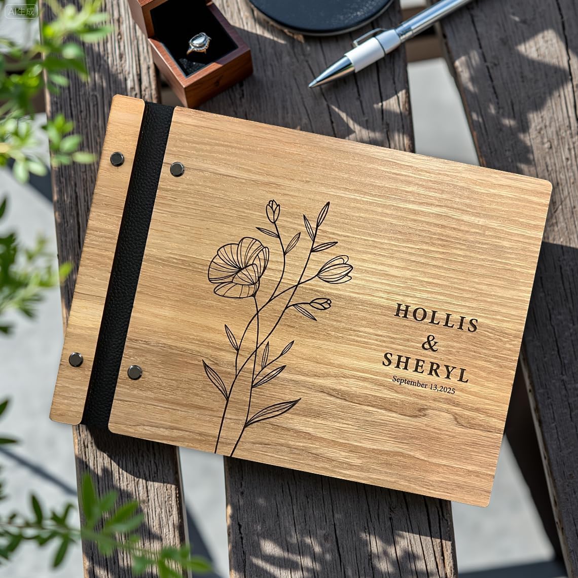 Wedding Guest Book, Custom Wooden Sign-in Book for Reception, Instant Photo Booth Album - Ideal for Wedding Album & Keepsake, Wedding Gift for Couple (A5-8.5 x 6 inch)