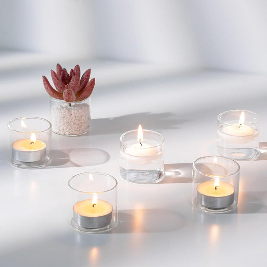 NUPTIO Glass Votive Candle Holders: Set of 12 Clear Tea Light Holders - Mini Floating Candleholders for Home Christmas Thanksgiving Party Table Centerpieces Decor (1.8 x 1.57 inch)