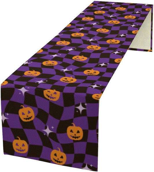 Halloween Table Runner,Purple Checkered Pumpkin Table Runner for Kitchen Dining Table Decoration Home Party Decor 13x36 Inch
