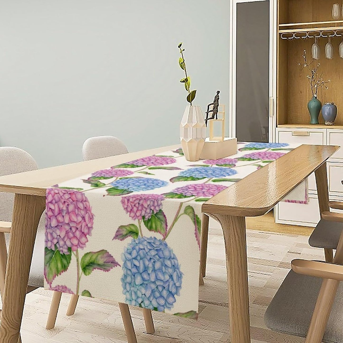 Spring Hydrangea Flower Table Runner, Seasonal Summer Plants Watercolor Pink Purple Florals Dinner Runner for Home Kitchen Dining Table Party Holiday Decoration 13"x36"