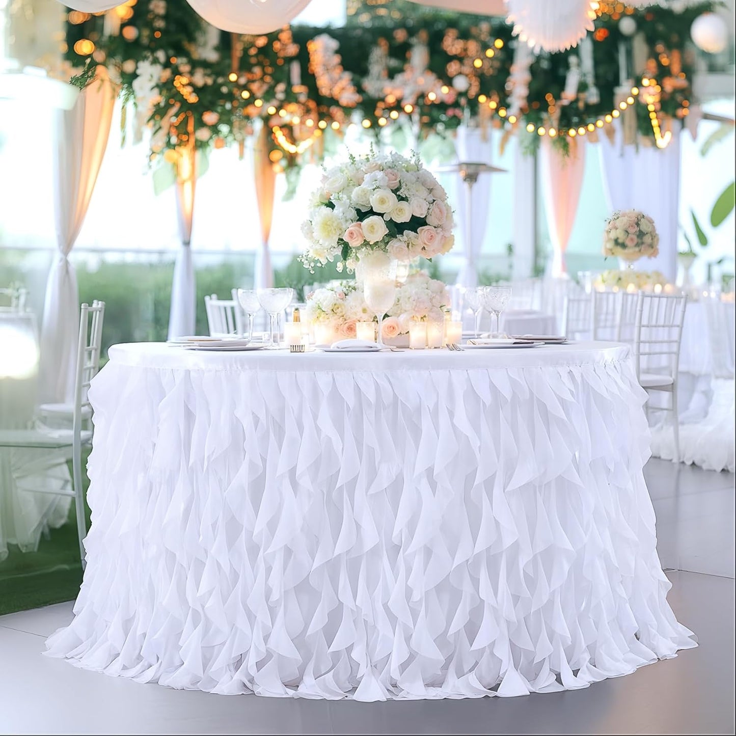 Partisky White Tulle Curly Willow Table Skirt for Rectangle Table 17ft, Ruffle Tutu Table Cloth for Wedding,Bridal Shower, Baby Shower,Birthday Party