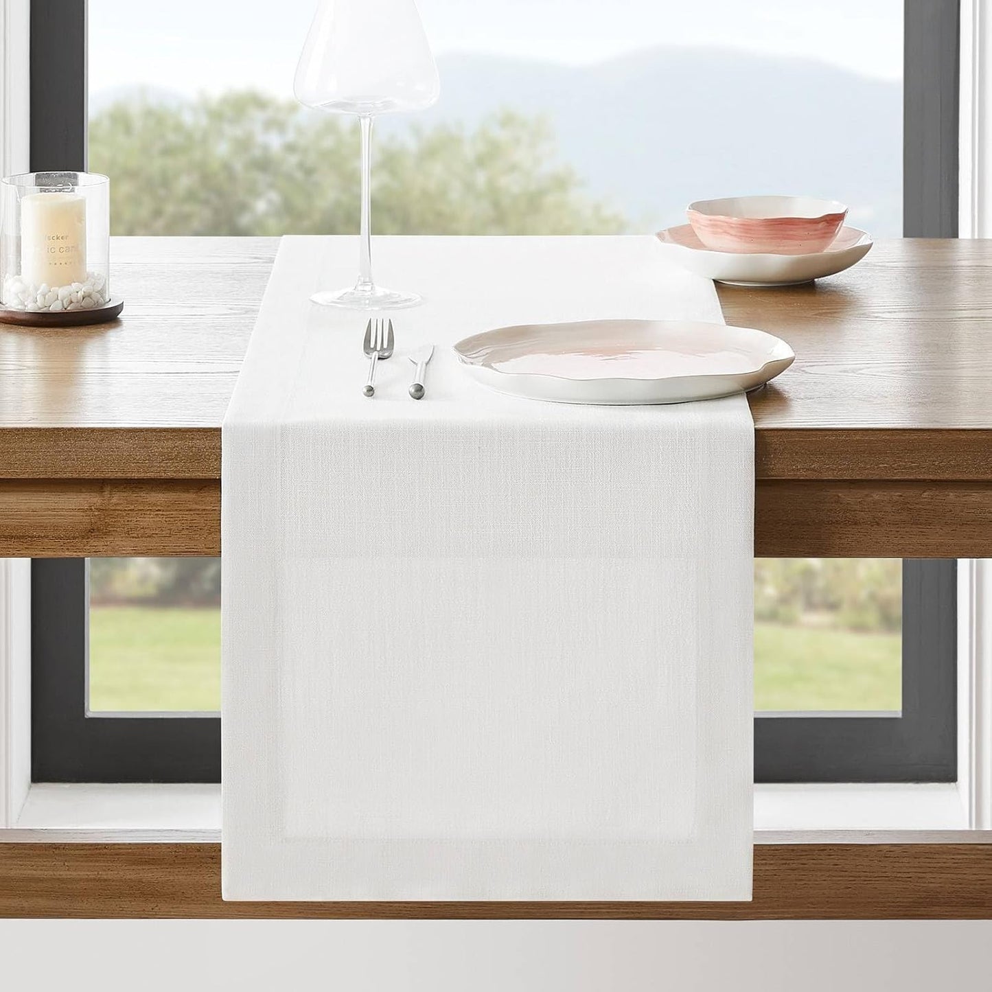 ZeeMart Linen Textured Border Table Runner, 14 x 90 Inch White, Farmhouse Style White Table Runners 90 Inches Long, Easy Care Everyday Polyester Table Runner