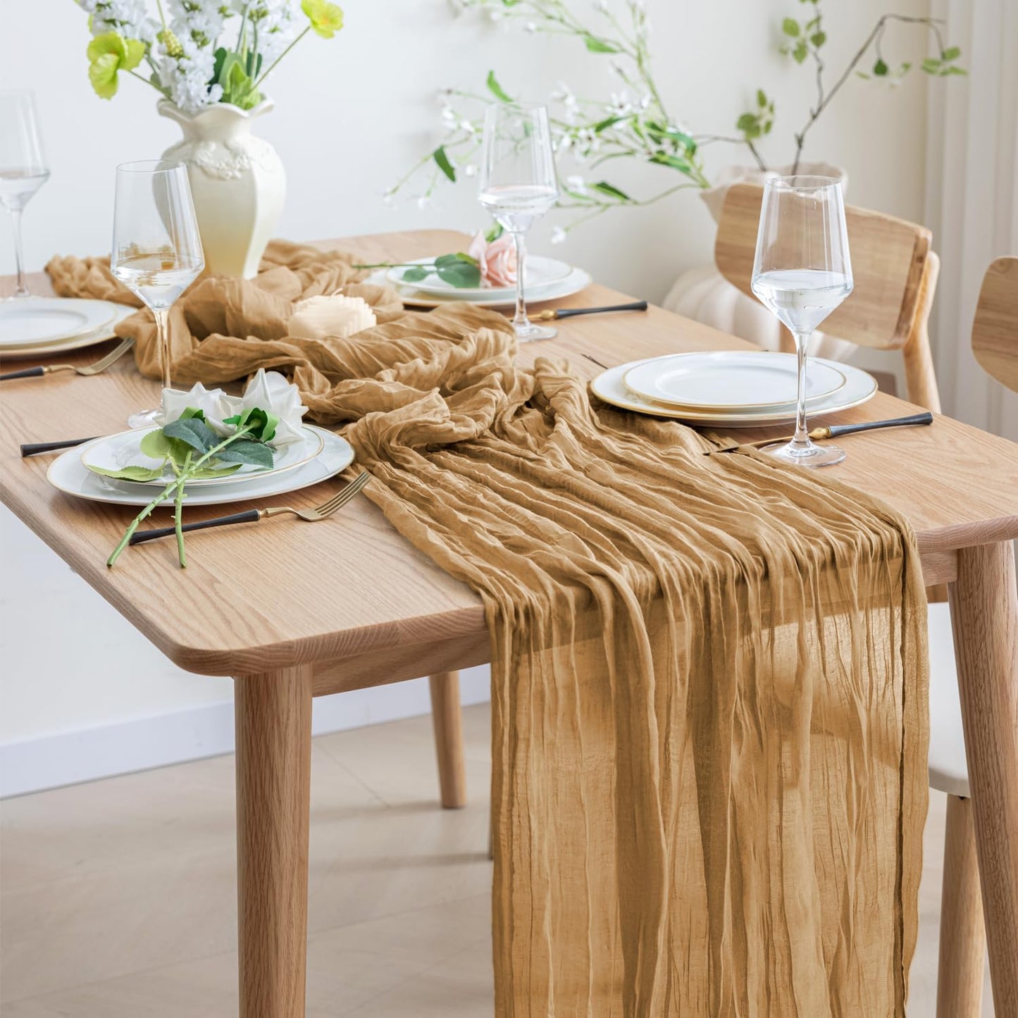 Asee'm 6pcs Cheesecloth Table Runner 120 Inches Long Khaki Boho Gauze Cheese Cloth Runner 10FT Rustic Sheer Table Runners for Christmas Wedding Party Baby Shower Spring Easter Decoration