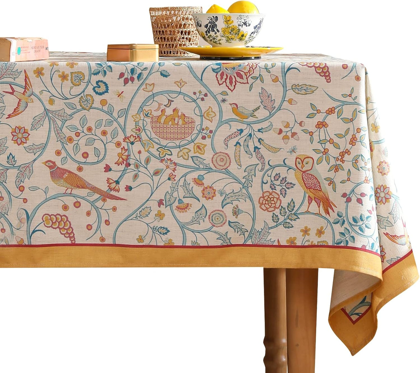 patdrea Designer Vintage Long Rectangular Tablecloth,French Floral Birds Pattern Linen Table Cloth,Yellow Decorative Cover for Kitchen Dining Banquet,Christmas,Thanksgiving,63"x102"-Magnolia