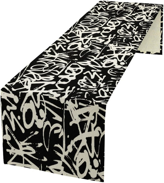 Graffiti Table Runner,Black White Abstract Messy Art Theme Pattern Print Tablecloth Burlap for Hotel Indoors Outdoor Dining Room Kitchen Home Decor,W13X L108 in