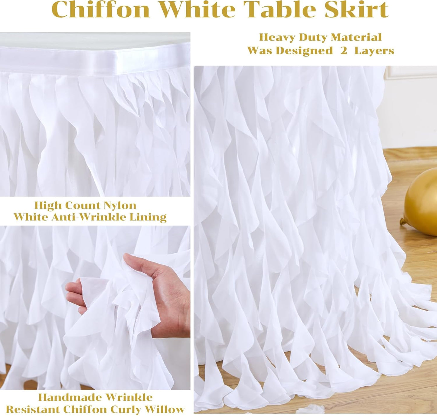 Partisky White Tulle Curly Willow Table Skirt for Rectangle Table 14ft, Ruffle Tutu Table Cloth for Wedding,Bridal Shower, Baby Shower,Birthday Party