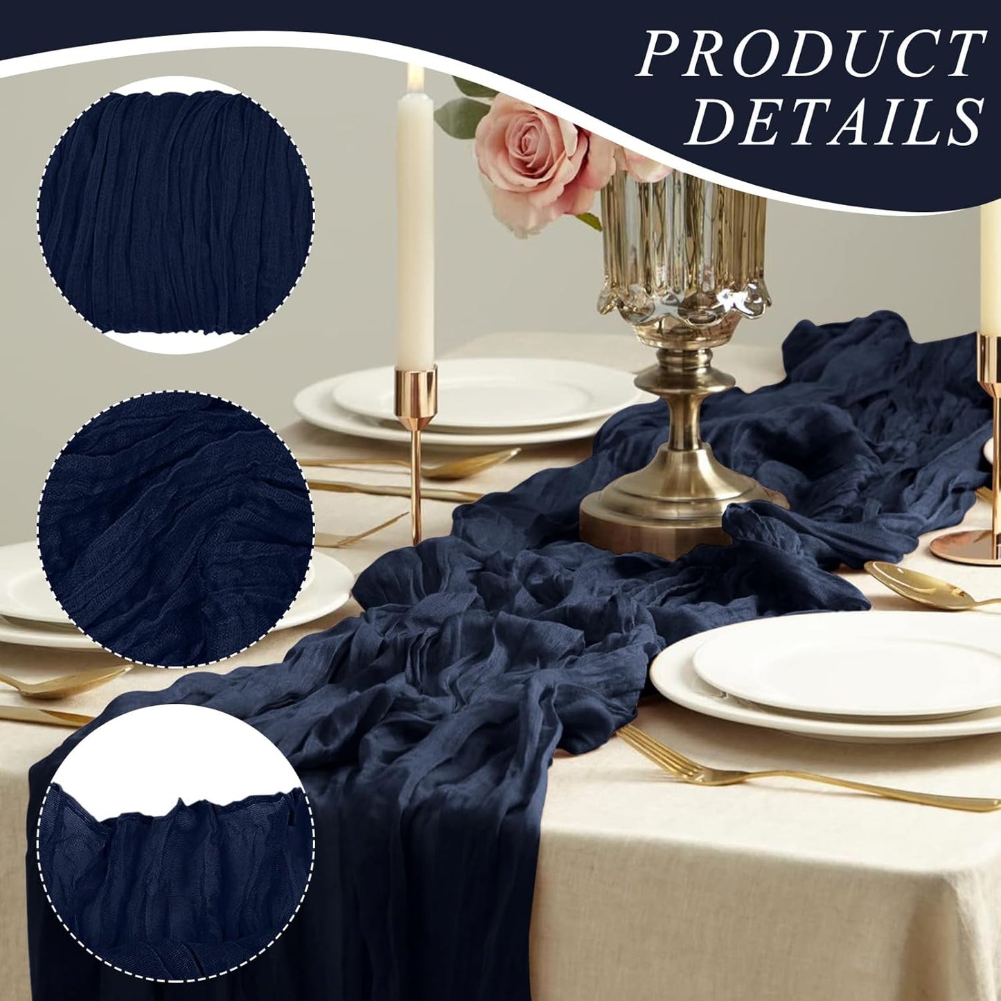 12 Pack Cheesecloth Table Runner 10Ft Christmas Gauze Boho Table Runners for Wedding Decor Bridal Shower Decorations Baby Shower Party(35" x 120")(Navy)