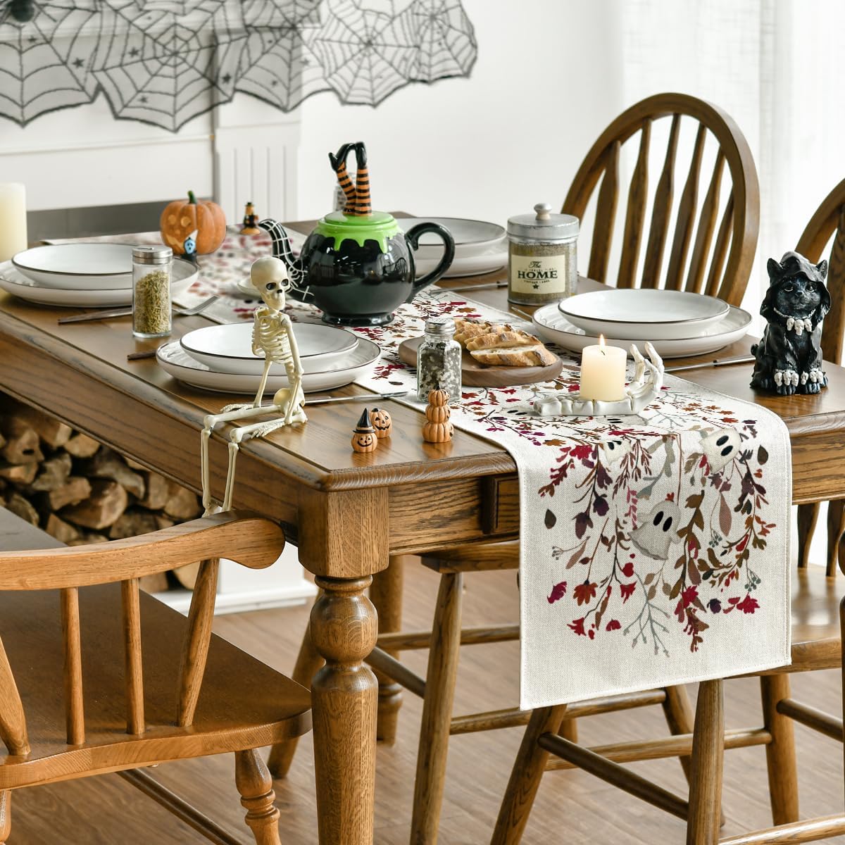 Artoid Mode Ghost Flowers Leaves 210 GSM Halloween Table Runner,Seasonal Fall Kitchen Dining Table Decoration for Home Party Decor 13x72 Inch