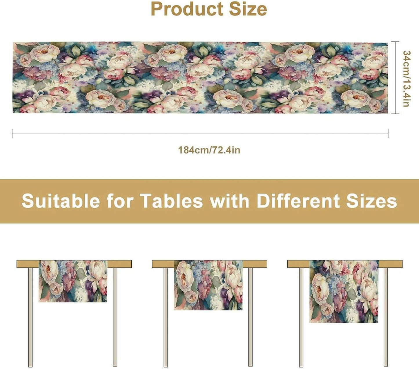 Vintage Floral Table Runner,Girls Women Rose Romantic Leaf Botanical Watercolor Pattern Print Burlap for Hotel Indoors Outdoor Dining Room Kitchen Holiday Party, 13x60in