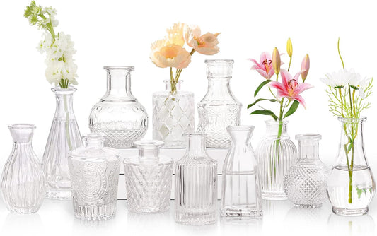 Glass Bud Vases Set of 12, Vintage Small Vases for Flowers, Clear Crystal Mini Glasses in Bulk, Small Flower Design for Centerpieces Wedding Decorations Home Flower Party Decor
