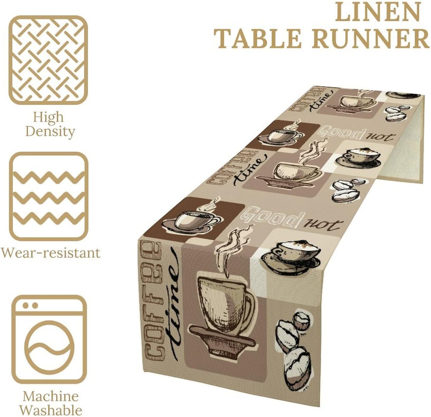 Coffee Table Runner,Vintage Style Coffee Cup Bean Abstract Theme Pattern Print Tablecloth Burlap for Hotel Indoors Outdoor Dining Room Kitchen Table Decor, 13x80in